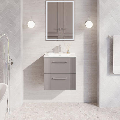 Nuie 500mm Satin Grey Part Fluted Wall Hung 2-Drawer Vanity Unit with Basin With Chrome Handles