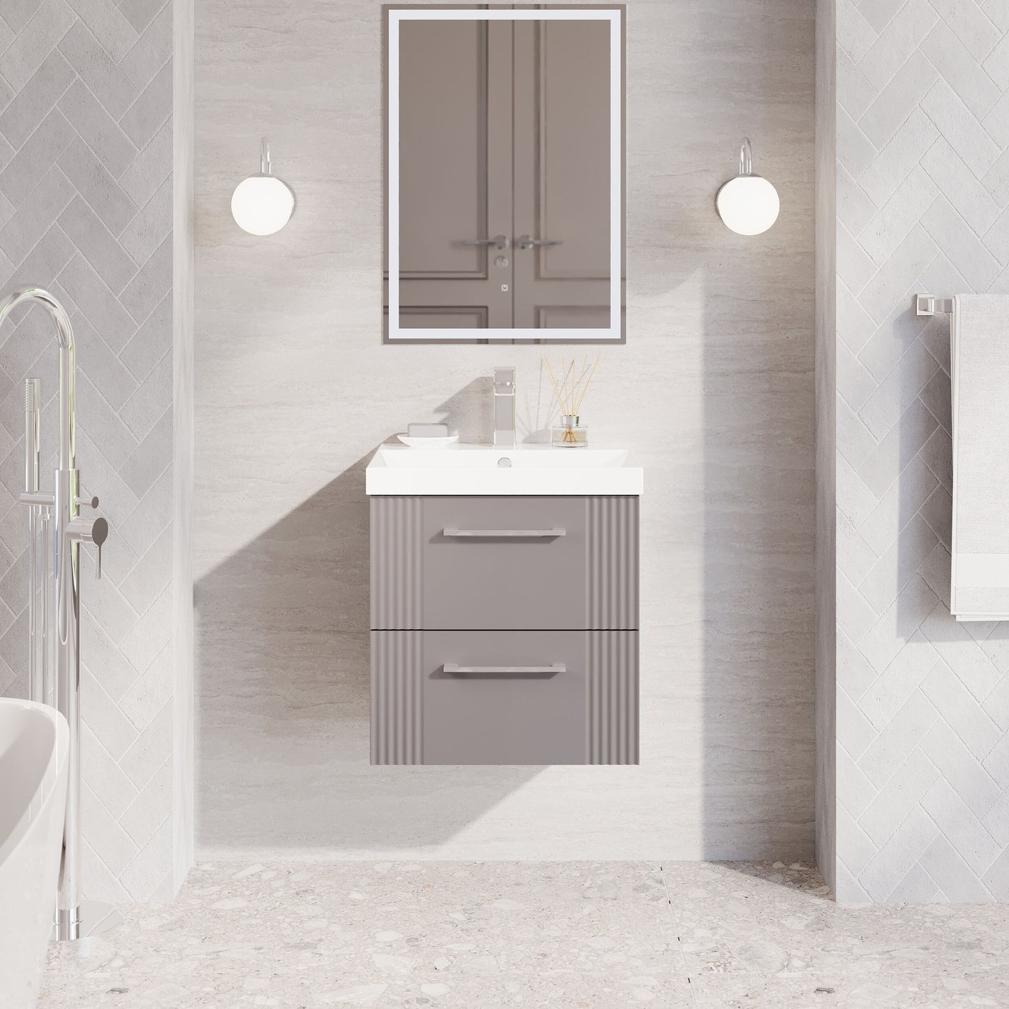 Nuie 500mm Part Fluted Satin Grey Wall Hung 2-Drawer Vanity Unit with Basin & Chrome Handles