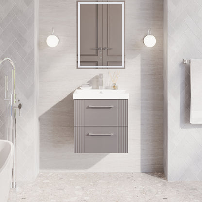 Nuie 500mm Part Fluted Satin Grey Wall Hung 2-Drawer Vanity Unit with Basin & Chrome Handles