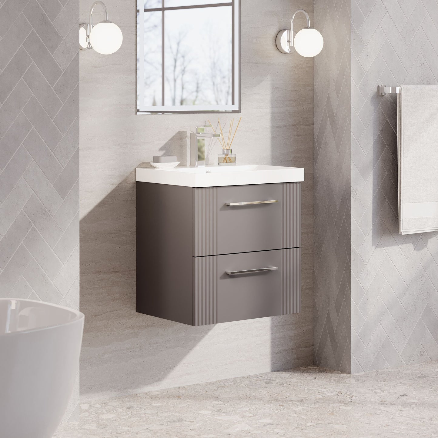 Nuie 500mm Part Fluted Satin Grey Wall Hung 2-Drawer Vanity Unit with Basin & Chrome Handles
