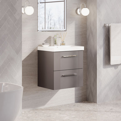 Nuie 500mm Part Fluted Satin Grey Wall Hung 2-Drawer Vanity Unit with Basin & Chrome Handles