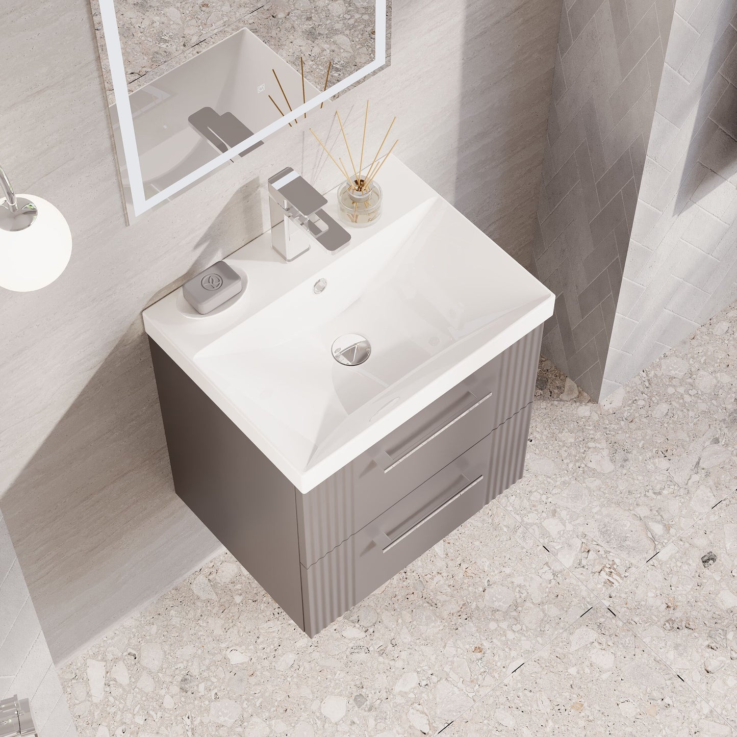 Nuie 500mm Part Fluted Satin Grey Wall Hung 2-Drawer Vanity Unit with Basin & Chrome Handles