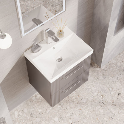 Nuie 500mm Part Fluted Satin Grey Wall Hung 2-Drawer Vanity Unit with Basin & Chrome Handles