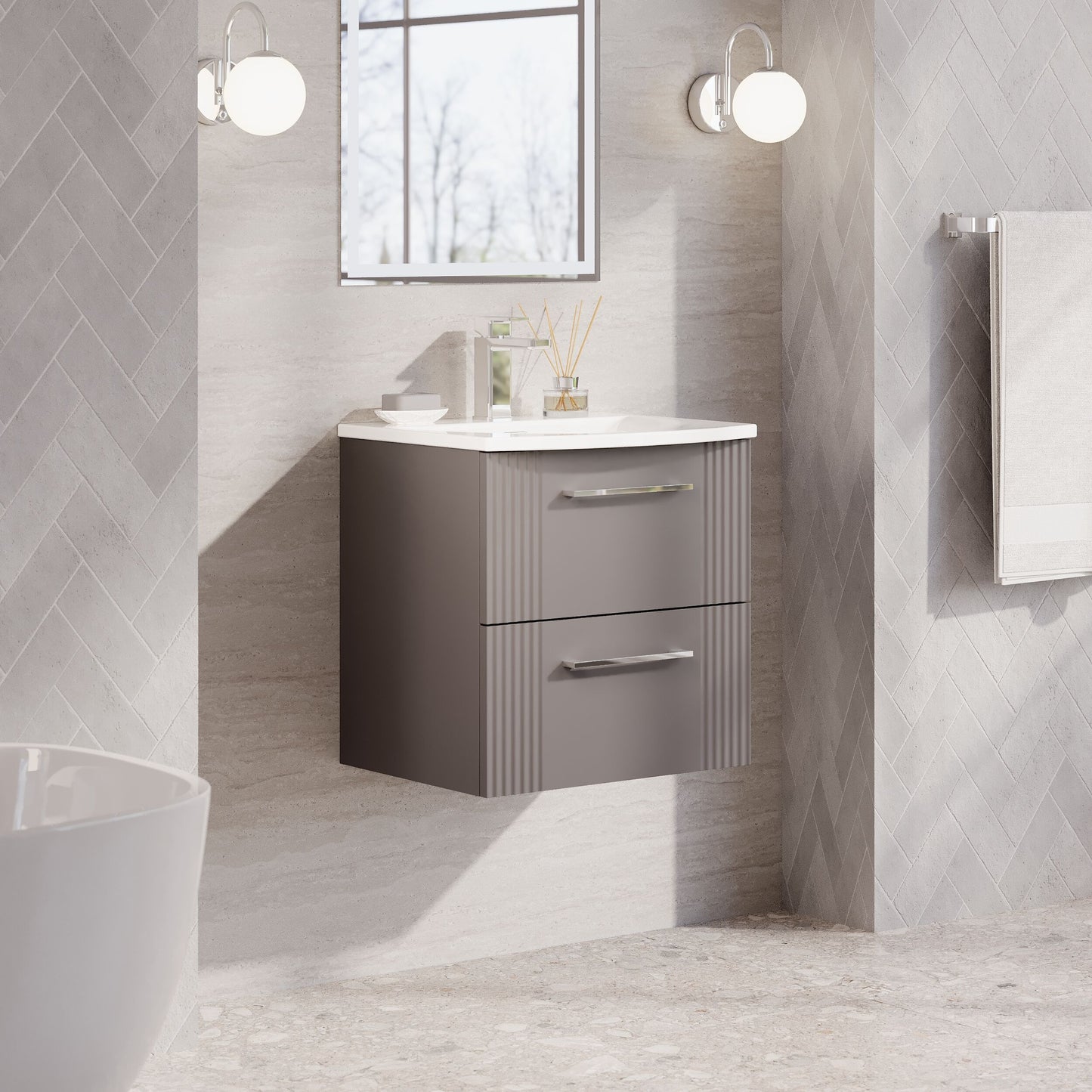 Nuie Deco 500mm Satin Grey Wall Hung 2-Drawer Vanity Unit with Curved Basin