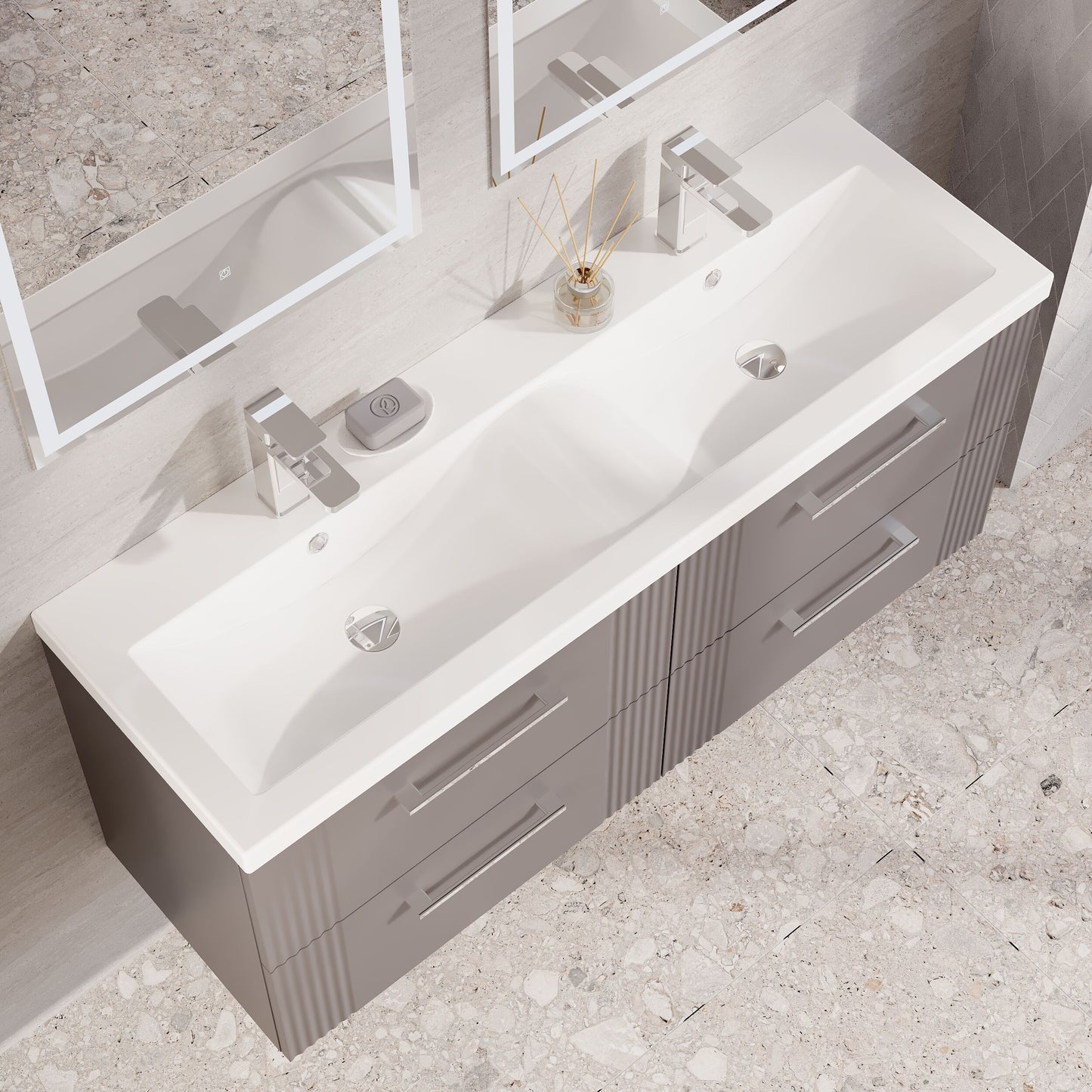 Nuie Deco 1200mm Satin Grey Wall Hung 4-Drawer Vanity & Double Basin