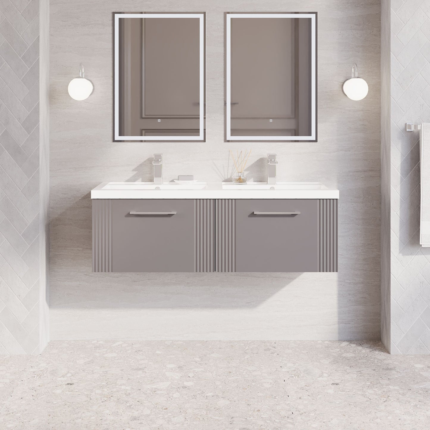 Nuie Deco 1200mm Satin Grey Wall Hung 2-Drawer Vanity Unit with Double Basin & Chrome Handles