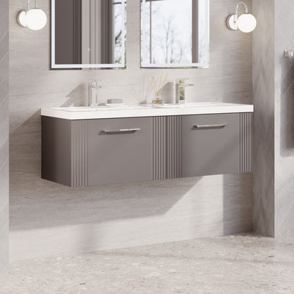 Nuie Deco 1200mm Satin Grey Wall Hung 2-Drawer Vanity Unit with Double Basin & Chrome Handles