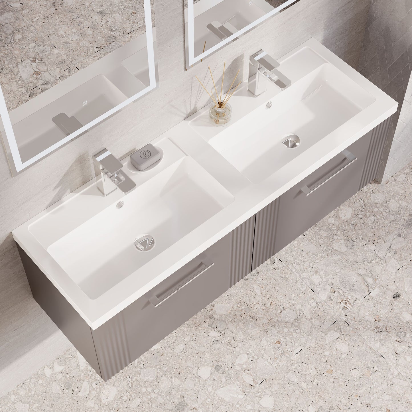 Nuie Deco 1200mm Satin Grey Wall Hung 2-Drawer Vanity Unit with Double Basin & Chrome Handles