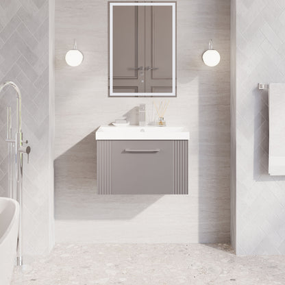 Nuie Deco 600mm Satin Grey Wall Hung Single Drawer Vanity Unit With White Ceramic Basin & Chrome Handle