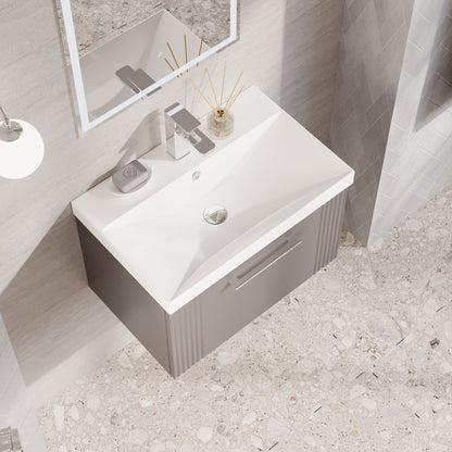 Nuie Deco 600mm Satin Grey Wall Hung Single Drawer Vanity Unit With White Ceramic Basin & Chrome Handle