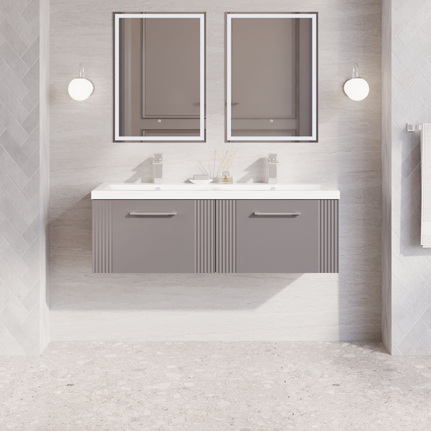 Nuie Deco 1200mm Wall Hung 2-Drawer Vanity & Double Basin With Handles