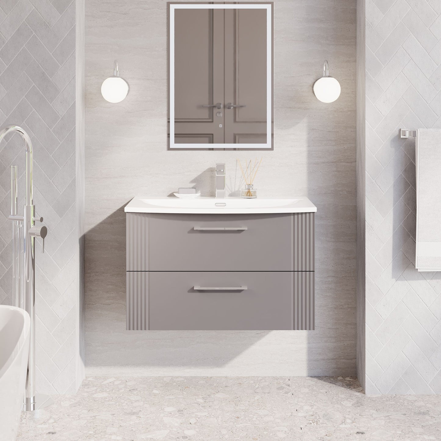Nuie 800mm Wall Hung Satin Grey Part Fluted 2-Drawer Vanity Unit with Curved Basin with Chrome Handles