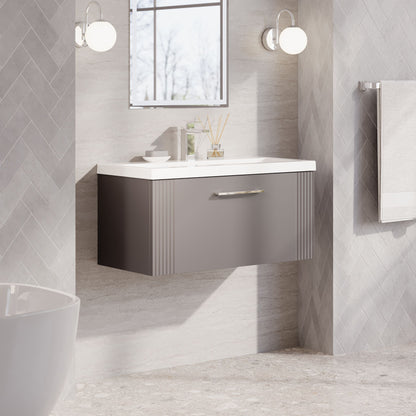 Nuie Deco 800mm Satin Grey Wall Hung Single Drawer Vanity Unit & Mid-Edge Basin With Chrome Handle