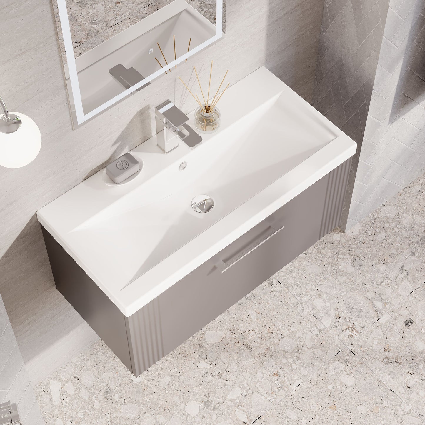 Nuie Deco 800mm Satin Grey Wall Hung Single Drawer Vanity Unit & Mid-Edge Basin With Chrome Handle
