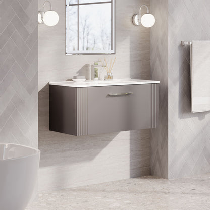Nuie Art Deco 800mm Satin Grey Wall Hung Single Drawer Vanity Unit with Basin