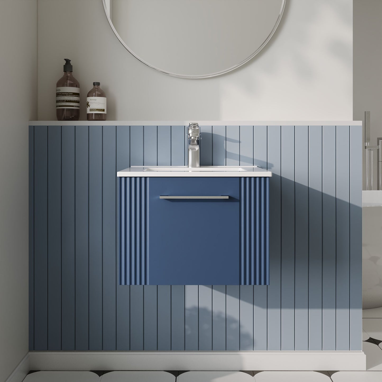 Nuie Deco 500mm Satin Blue Part Fluted Wall Hung Single Drawer Vanity Unit With Basin