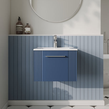 Nuie Deco 500mm Satin Blue Part Fluted Wall Hung Single Drawer Vanity Unit With Basin