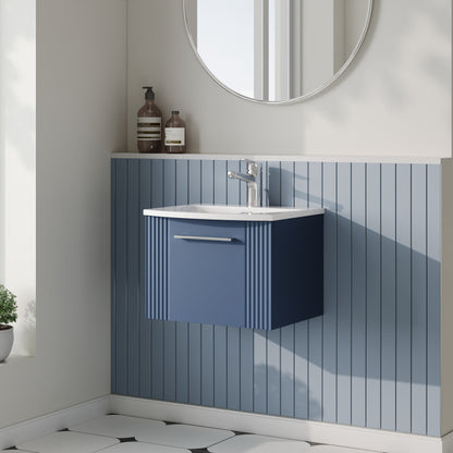 Nuie Deco 500mm Satin Blue Wall Hung Single Drawer Vanity Unit with Curved Basin & Chrome Handles