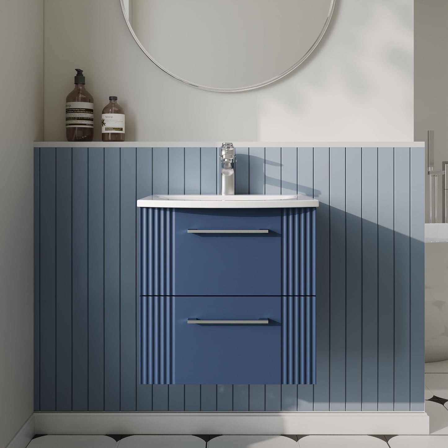 Nuie Deco 500mm Satin Blue Wall Hung Vanity Unit With Curved Basin & Chrome Handles