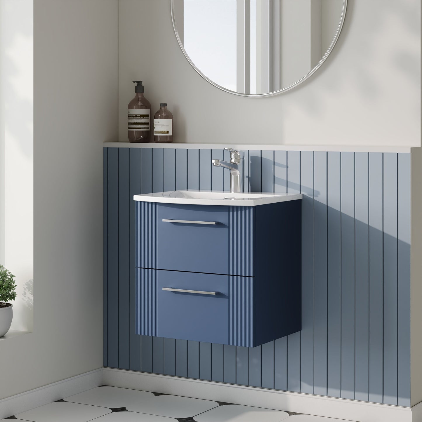 Nuie Deco 500mm Satin Blue Wall Hung Vanity Unit With Curved Basin & Chrome Handles
