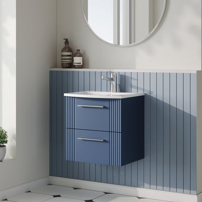 Nuie Deco 500mm Satin Blue Wall Hung Vanity Unit With Curved Basin & Chrome Handles
