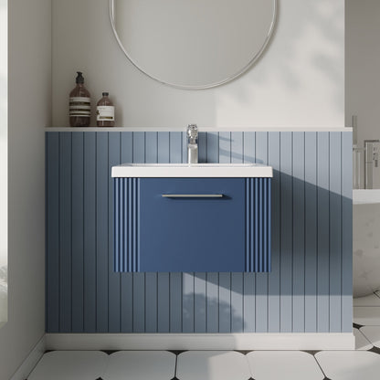 Nuie Deco 600mm Satin Blue Wall Hung Single Drawer Vanity & Mid-Edge Basin With Chrome Handles