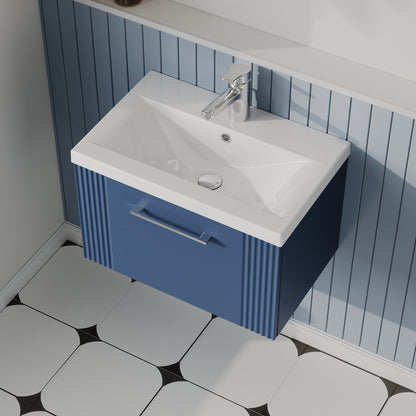 Nuie Deco 600mm Satin Blue Wall Hung Single Drawer Vanity & Mid-Edge Basin With Chrome Handles