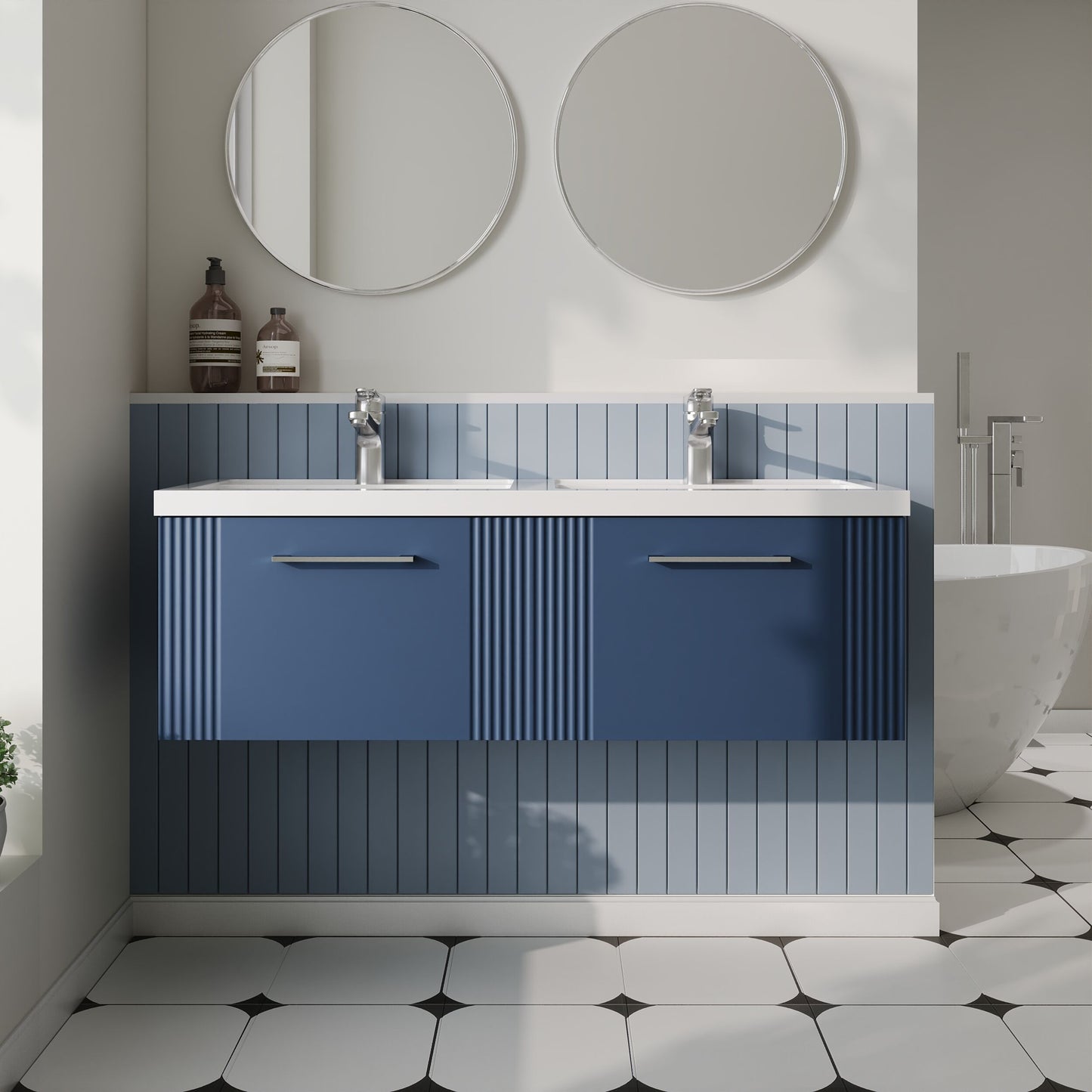 Nuie 1200mm Satin Blue Wall Hung 2-Drawer Vanity & Double Basin With Chrome Handles