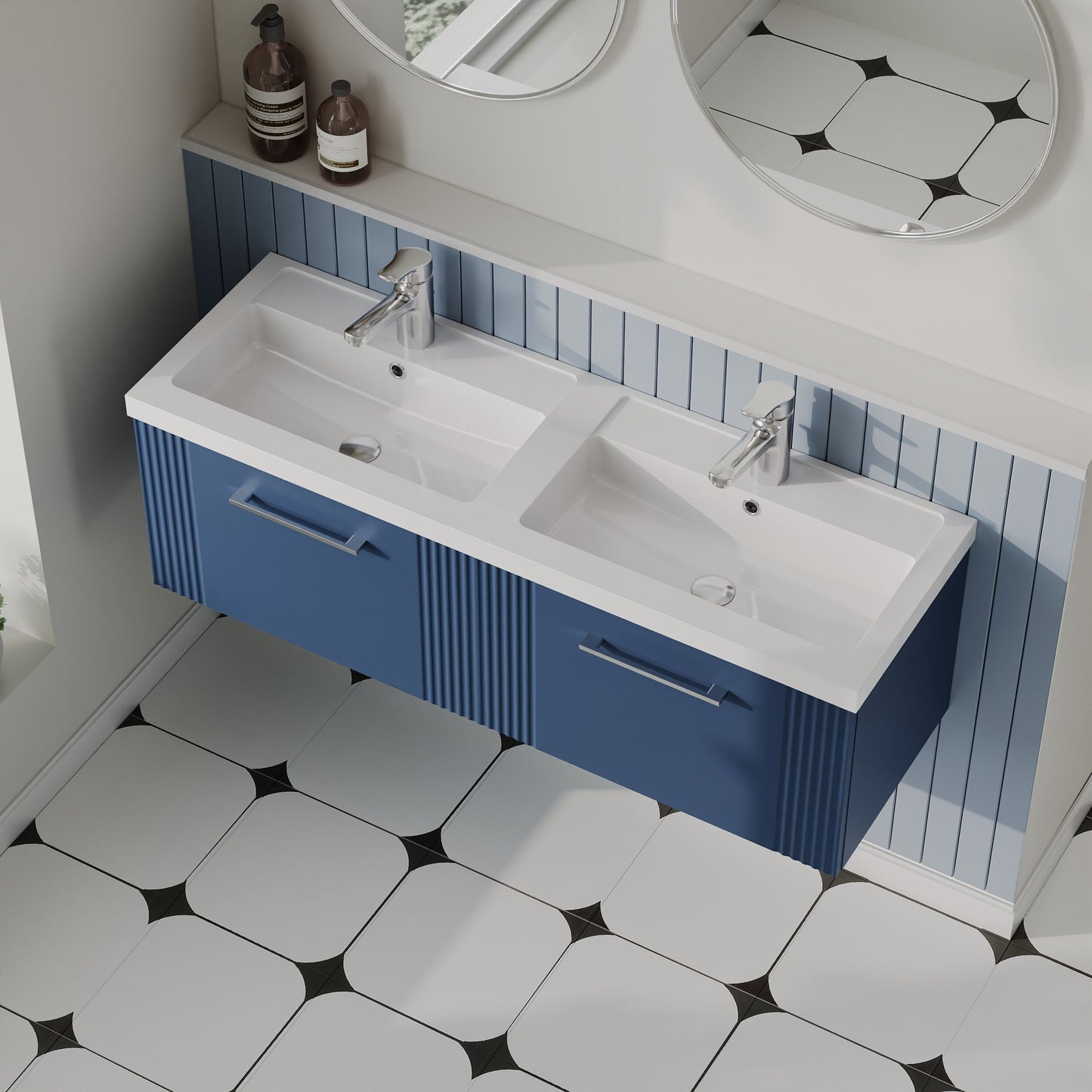 Nuie 1200mm Satin Blue Wall Hung 2-Drawer Vanity & Double Basin With Chrome Handles
