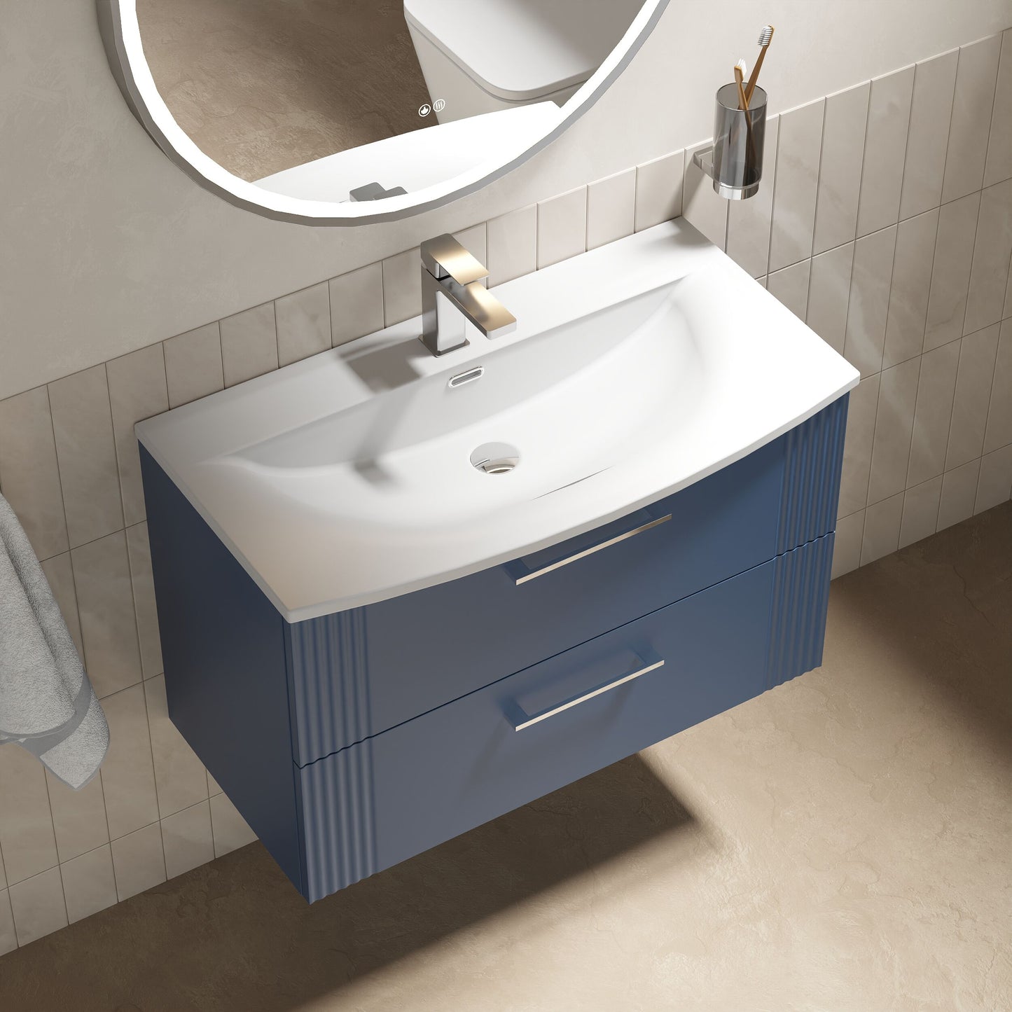Nuie 800mm Satin Blue Wall Hung 2-Drawer Vanity Unit & Curved Basin With Chrome Handles