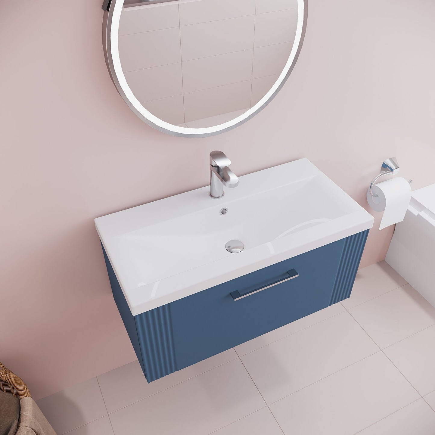 Nuie Deco 800mm Satin Blue Wall Hung Single Drawer Vanity Unit with Basin with Chrome Handle