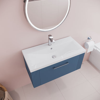 Nuie Deco 800mm Satin Blue Wall Hung Single Drawer Vanity Unit with Basin with Chrome Handle