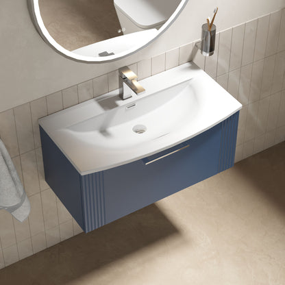 Nuie Art Deco 800mm Satin Blue Wall Hung Single Drawer Vanity Unit With Basin With Chrome Handle
