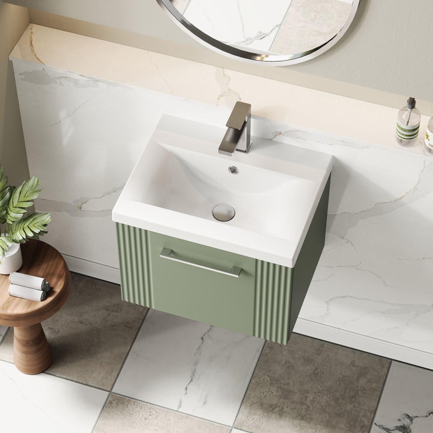 Nuie 500mm Satin Green Wall Hung Single Drawer Vanity Unit with Basin