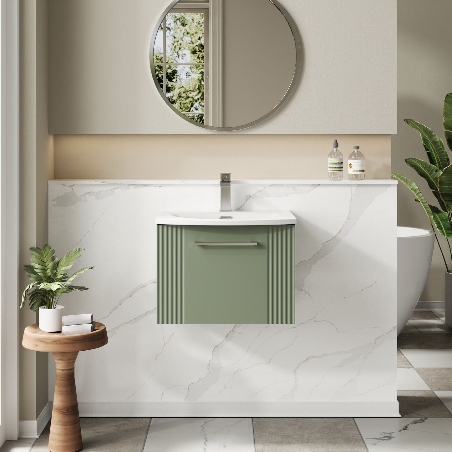 Nuie Deco 500mm Satin Green Wall Hung Single Drawer Vanity Unit with Curved Basin