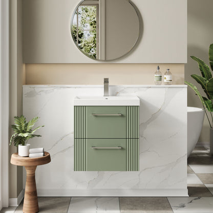 Nuie 500mm Satin Green Part Fluted Wall Hung 2-Drawer Vanity Unit with Thin-Edge Basin & Chrome Handles