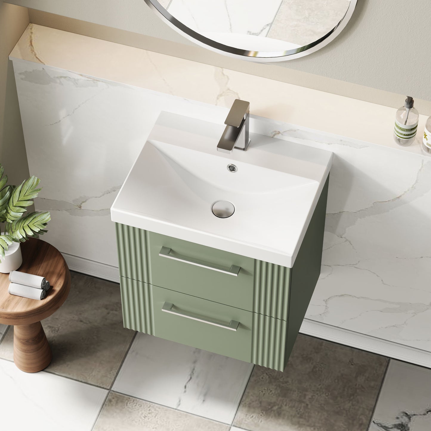 Nuie 500mm Satin Green Part Fluted Wall Hung 2-Drawer Vanity Unit with Thin-Edge Basin & Chrome Handles