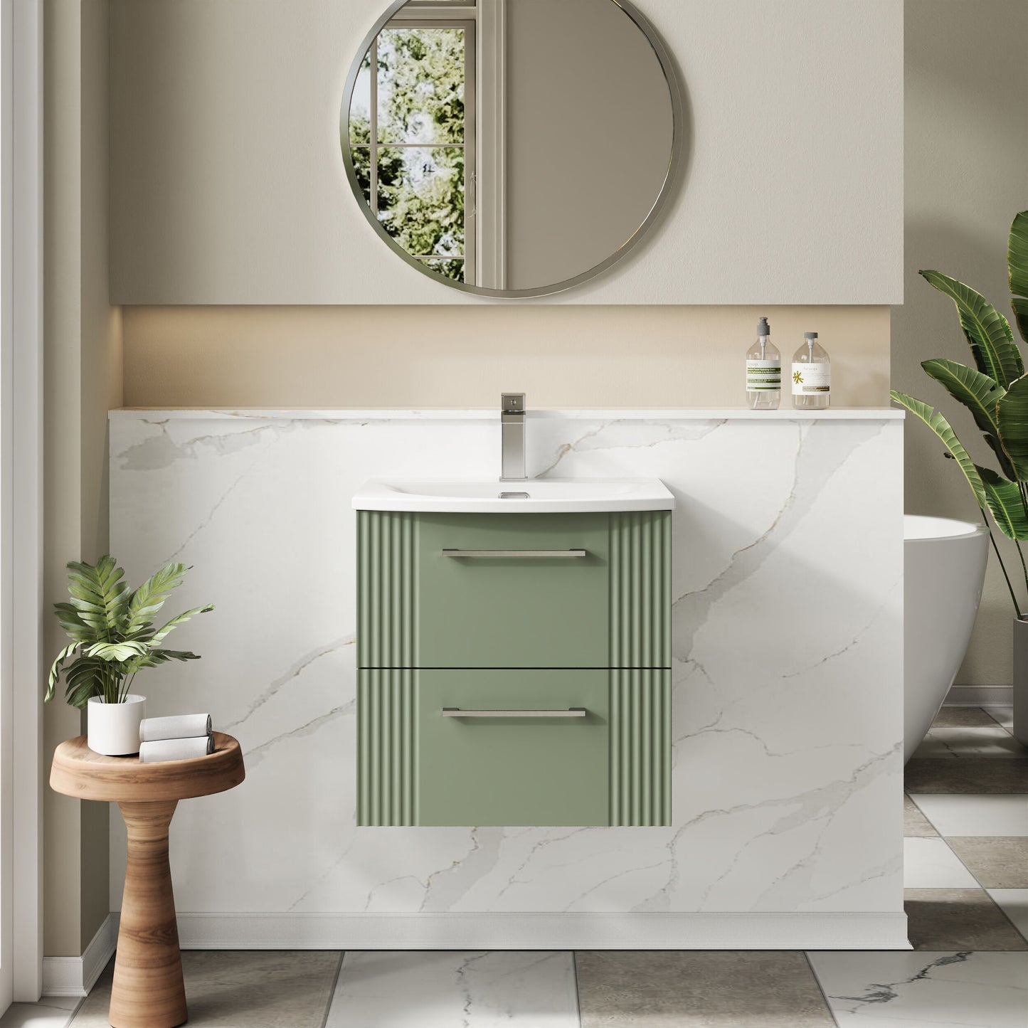 Nuie 500mm Satin Green Wall Hung 2-Drawer Vanity & Curved Basin With Chrome Handles
