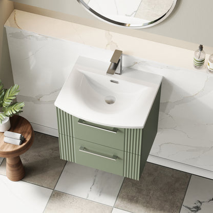 Nuie 500mm Satin Green Wall Hung 2-Drawer Vanity & Curved Basin With Chrome Handles