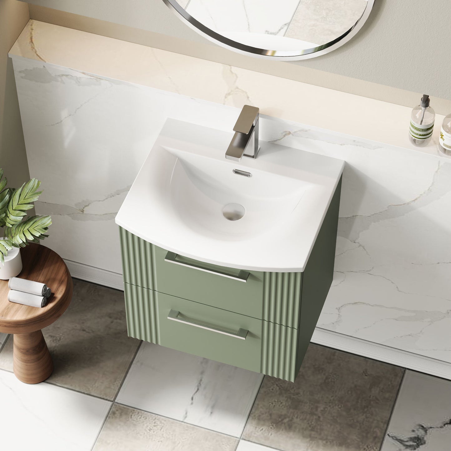 Nuie 500mm Satin Green Wall Hung 2-Drawer Vanity & Curved Basin With Chrome Handles