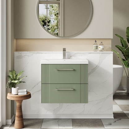 Nuie Deco 610mm Satin Green Wall Hung 2-Drawer Vanity Unit with Mid-Edge Basin
