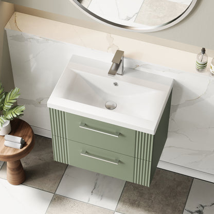 Nuie Deco 610mm Satin Green Wall Hung 2-Drawer Vanity Unit with Mid-Edge Basin