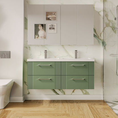 Nuie 1200mm Satin Green Wall Hung 4-Drawer Vanity Unit & Double Basin with Chrome Handles