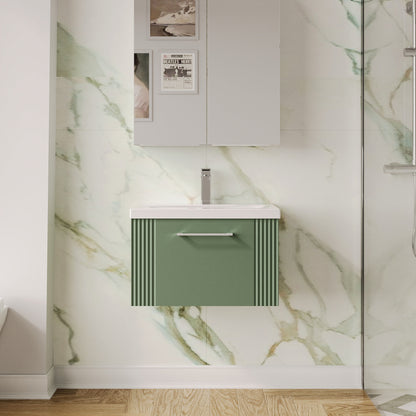 Nuie Deco 600mm Satin Green Part Fluted Wall Hung Vanity Unit & Basin With Chrome Handle
