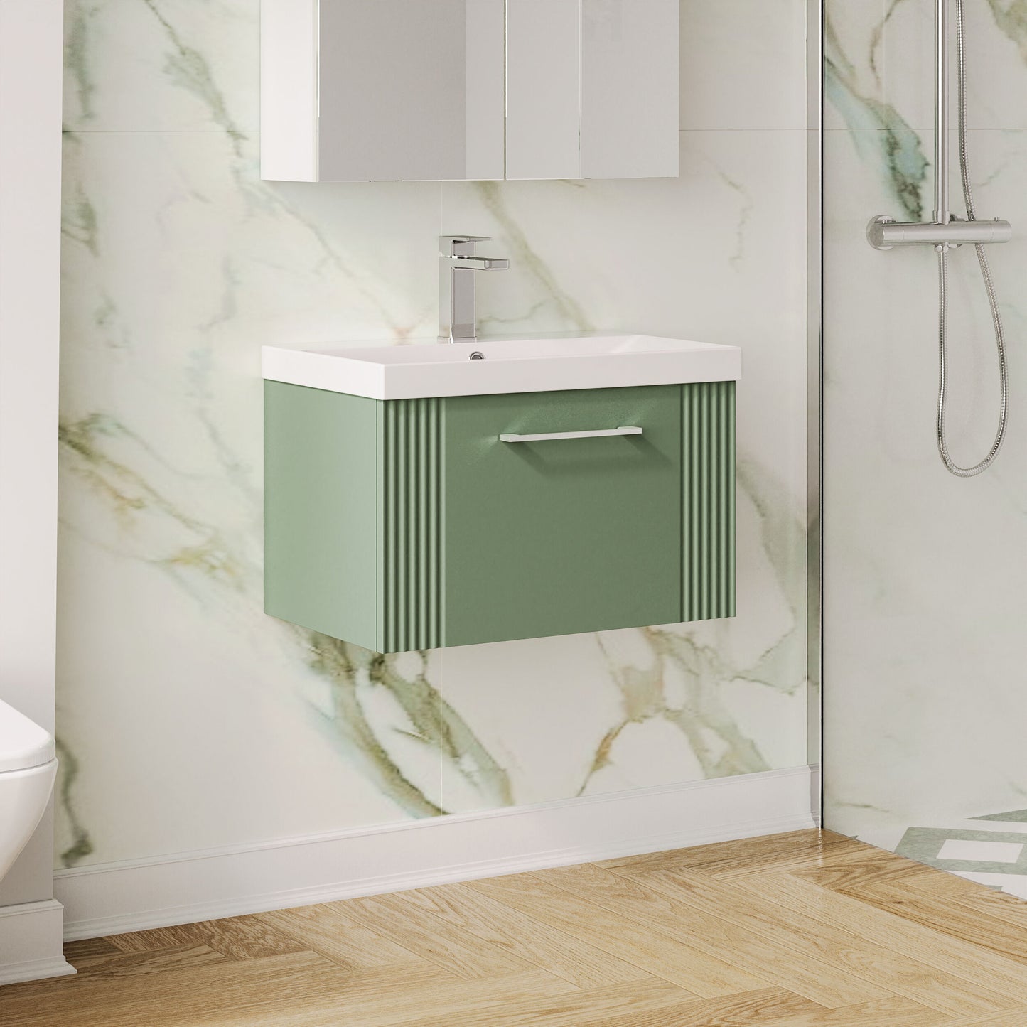 Nuie 600mm Satin Green Deco Wall Hung Single Drawer Vanity Unit & Basin With White Ceramic & Chrome Handles