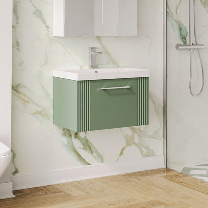 Nuie 600mm Satin Green Deco Wall Hung Single Drawer Vanity Unit & Basin With White Ceramic & Chrome Handles