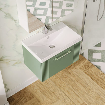Nuie 600mm Satin Green Deco Wall Hung Single Drawer Vanity Unit & Basin With White Ceramic & Chrome Handles