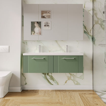 Nuie 1200mm Satin Green Part Fluted Wall Hung 2-Drawer Vanity & Double Basin with Chrome Handles