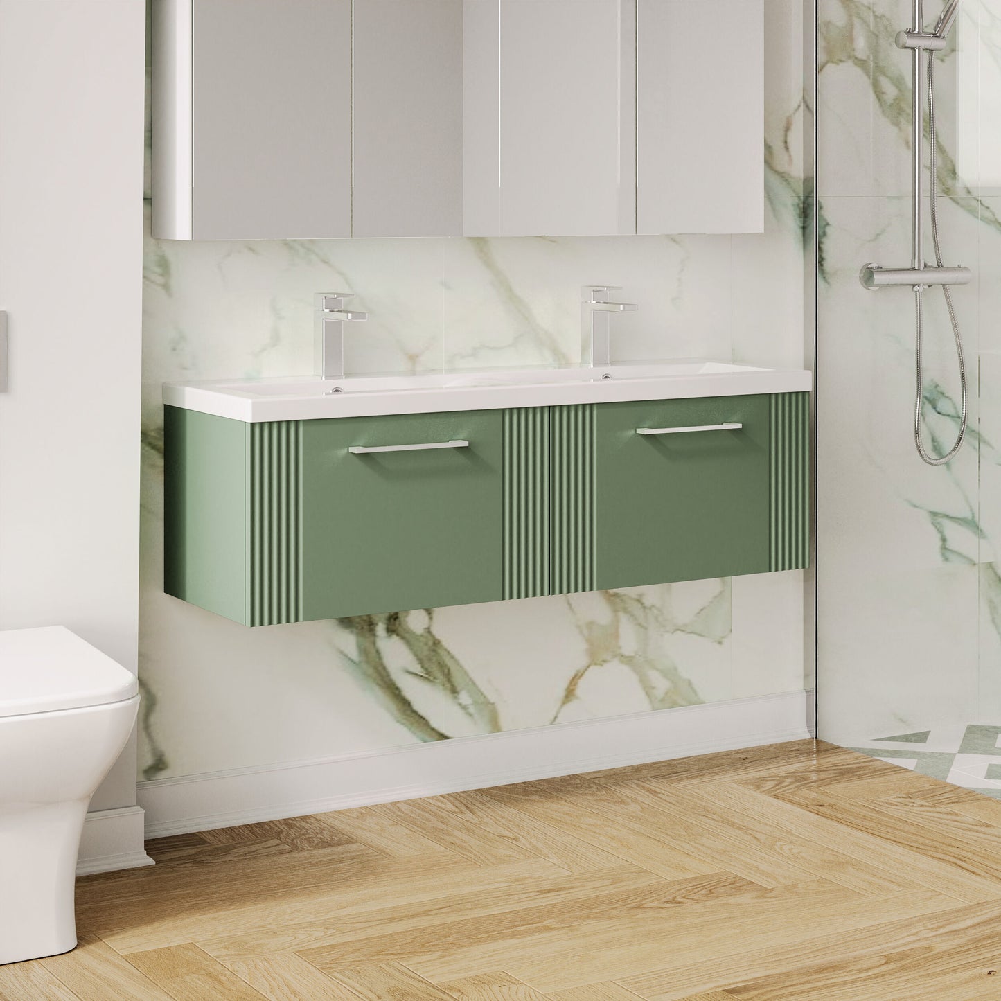 Nuie 1200mm Satin Green Part Fluted Wall Hung 2-Drawer Vanity & Double Basin with Chrome Handles