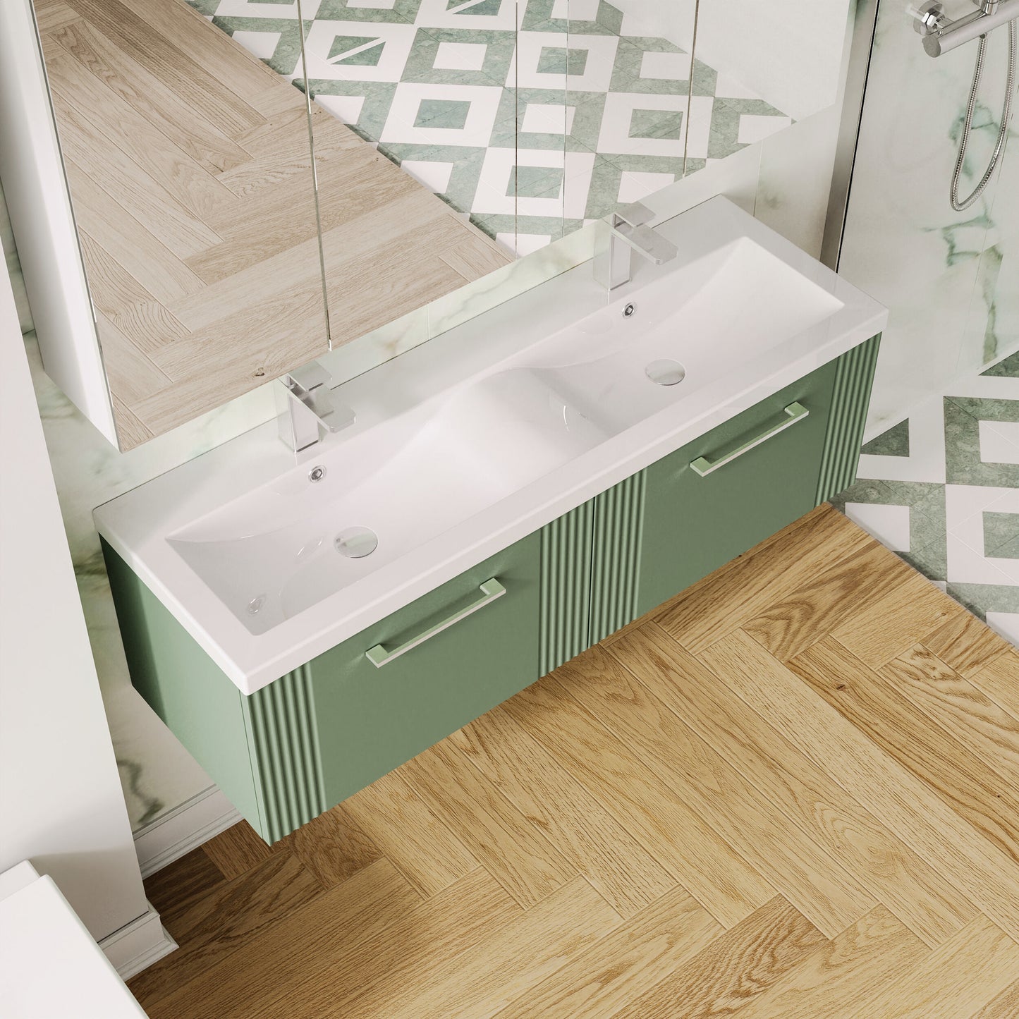Nuie 1200mm Satin Green Part Fluted Wall Hung 2-Drawer Vanity & Double Basin with Chrome Handles